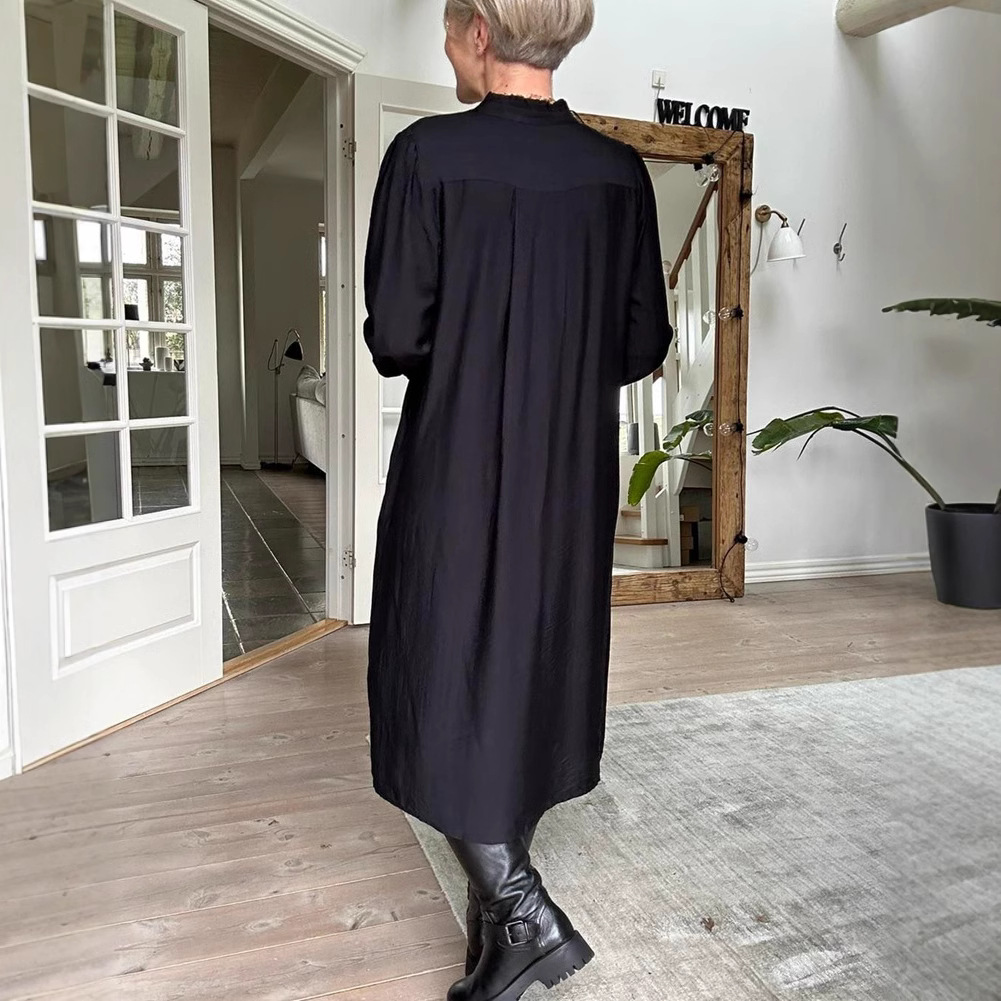 Solid Button-Neck Long-Sleeve Maxi Dress
