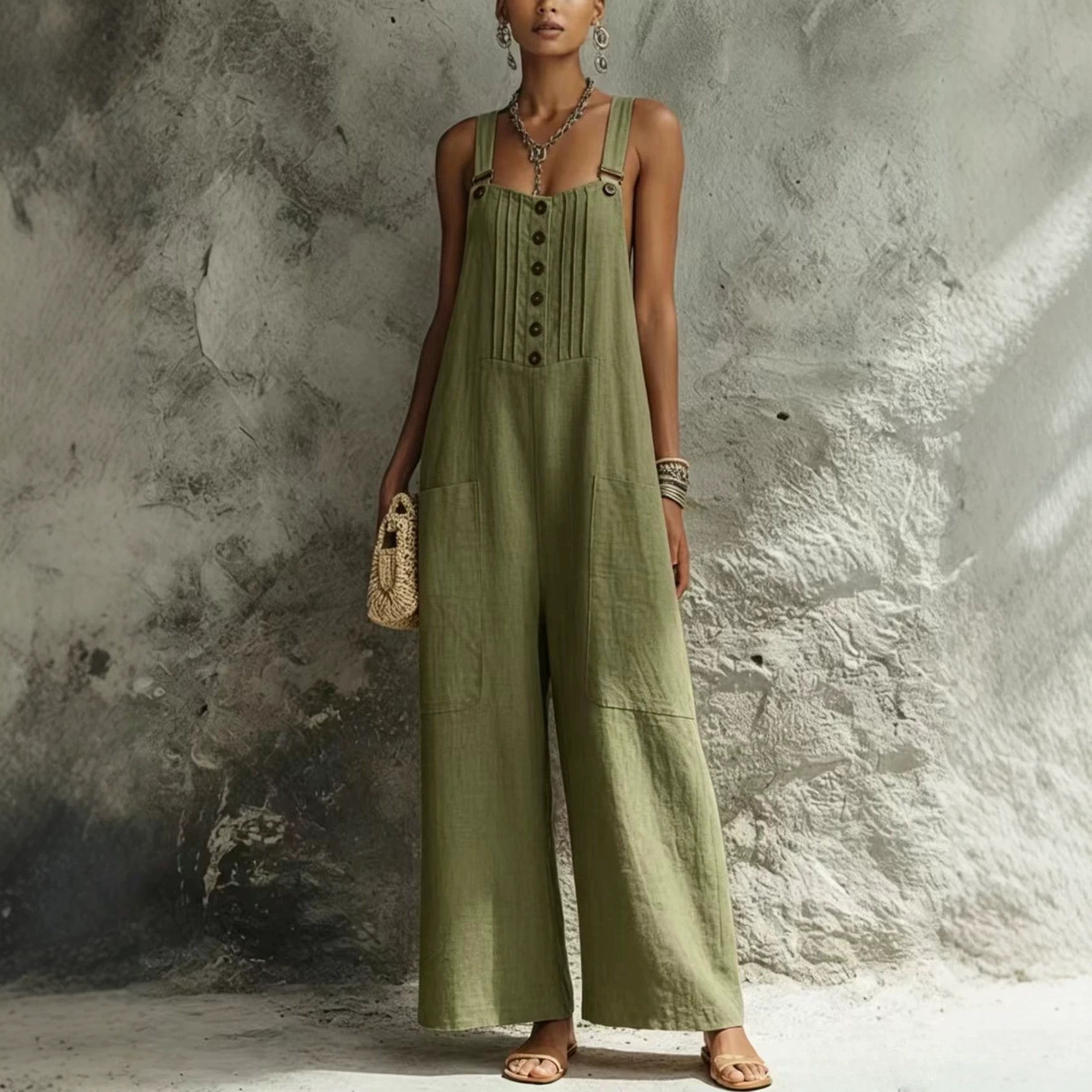 Women's Woven Button Sleeveless Wide-Leg Jumpsuit with Open Back and Pockets