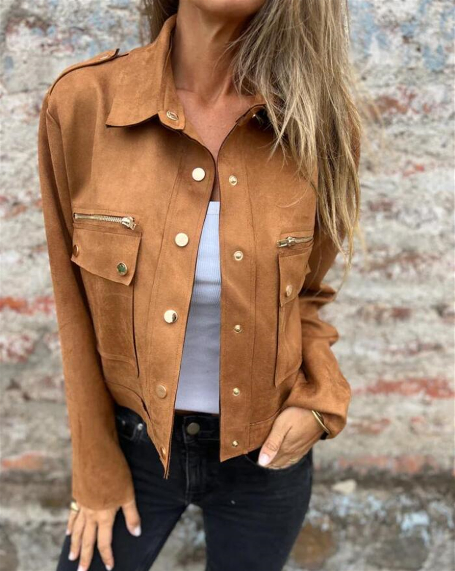 Suede Jacket with Lapel Collar and Metallic Zip
