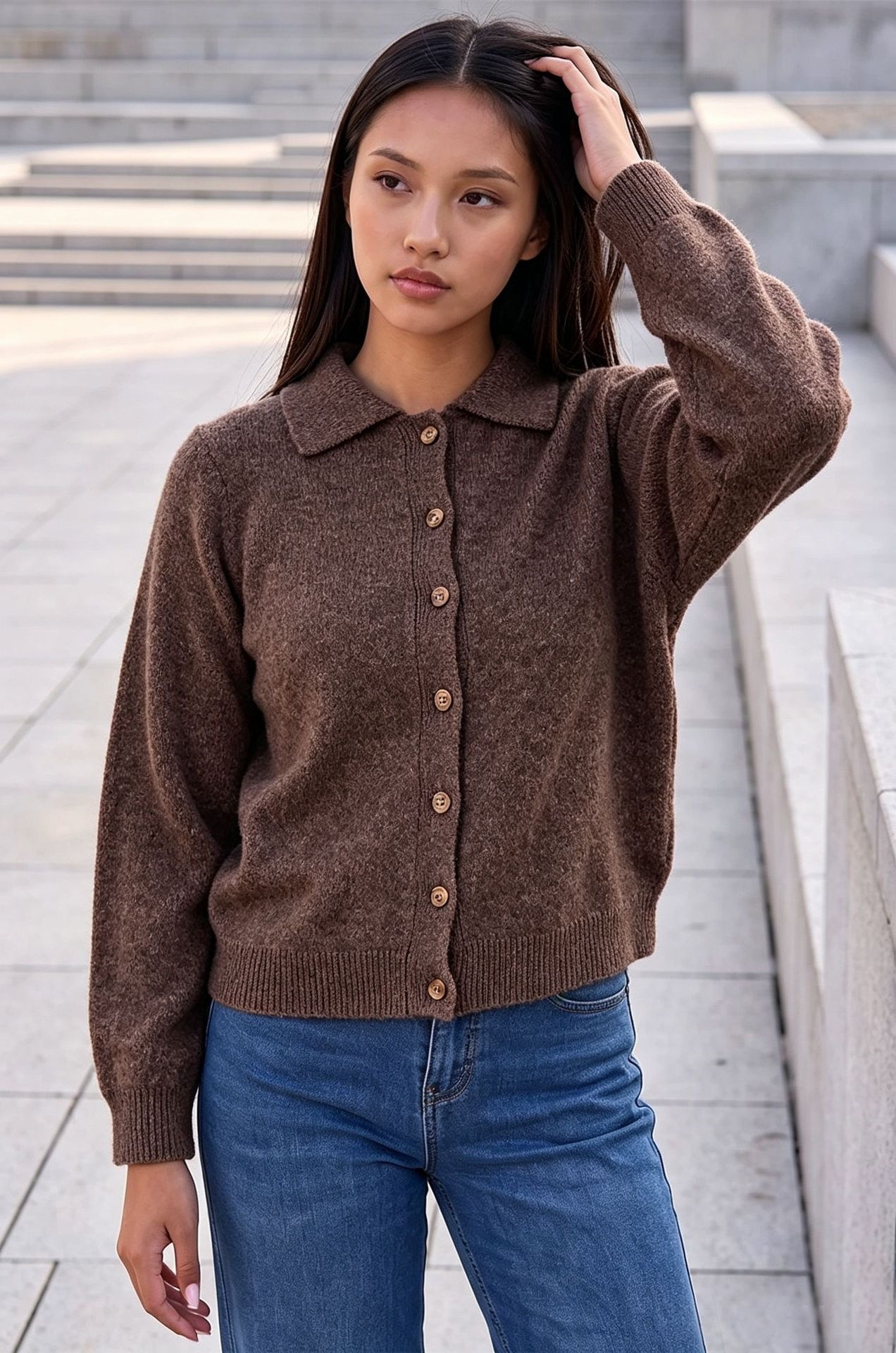 Women's Polo Collar Knit Cardigan Long Sleeve Short Coat