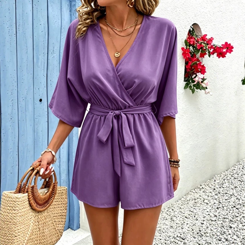 Elegant V-Neck Solid Linen-Blend Jumpsuit with Tie
