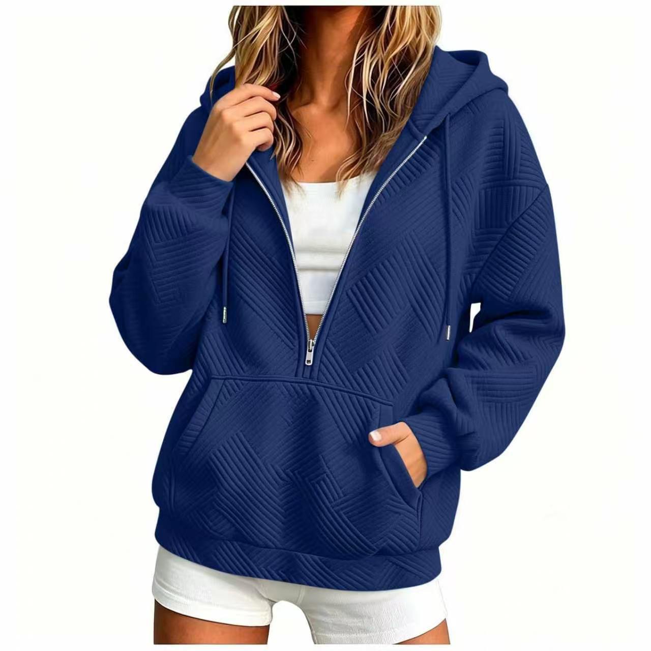 Women's Hooded Drawstring Zip Pocket Loose Sweatshirt