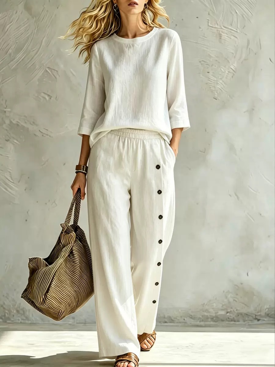 Women's Solid Color Button-Detail Two-Piece Pants Set Casual Loose Fit