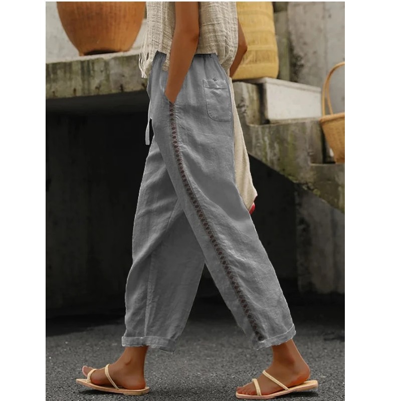 Women's Cropped Straight-Leg Pants with Hollow-Out Splicing, Casual Cotton-Linen