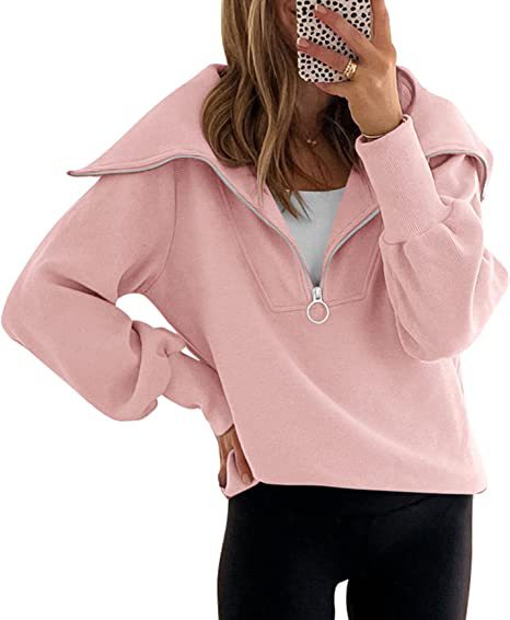 Women's Zip-Up Hoodie with Collar, Long Sleeve, Drop Shoulder, Pullover