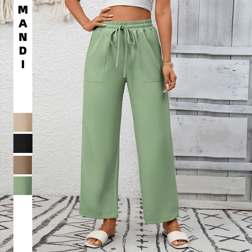 Women's Drawstring Wide-Leg Pants with Pockets Casual Cotton Blend