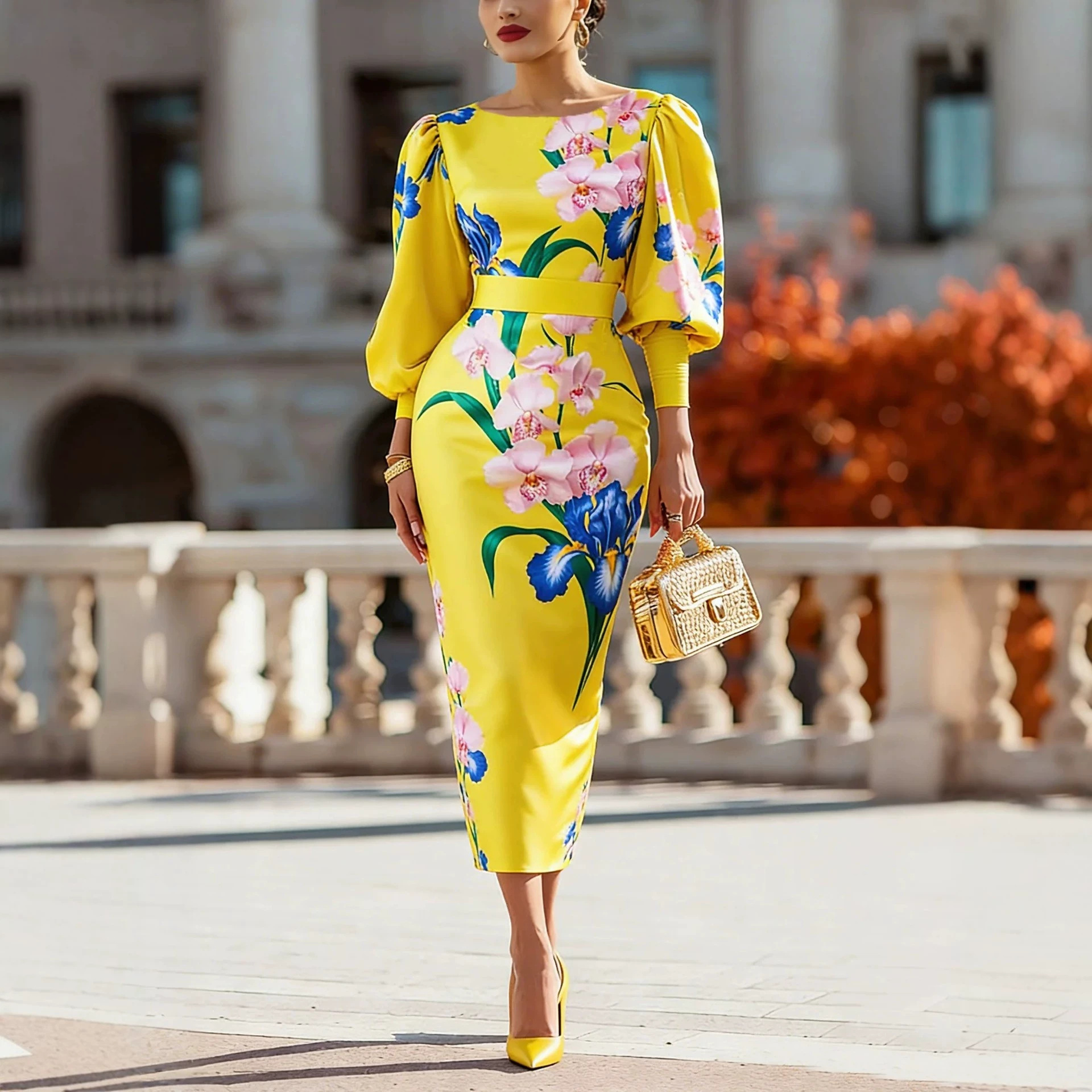 Yellow Floral Print Boat Neck Puff Sleeve Waist-Defining Bodycon Midi Dress