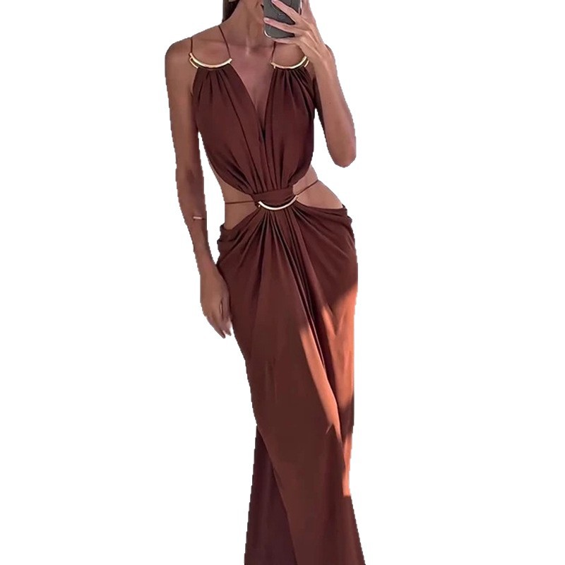 Women's Sexy Cutout Waist Long Evening Dress Slim Fit Solid Color