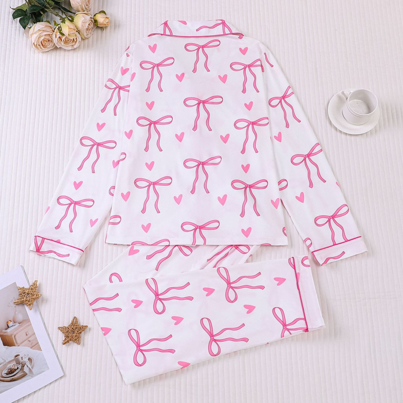 Cuban Collar Ribbon Bow Print Long Sleeve Women's Set
