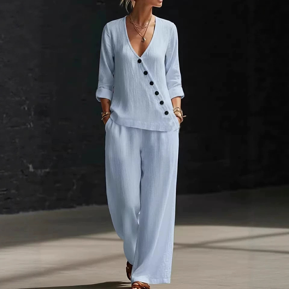 Women's Minimalist V-Neck Button Shirt & Wide-Leg Pants Set
