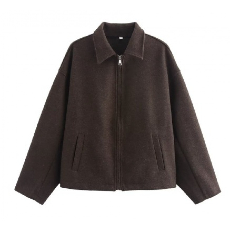 Retro Brown Zip-Up Long-Sleeve Cropped Jacket
