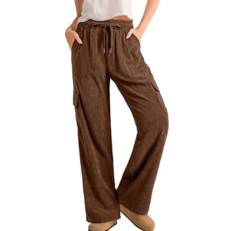 Corduroy Cargo Pants for Women Elastic Waist Wide Leg Loose Straight Casual