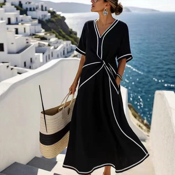 Bohemian V-Neck Short Sleeve Long Dress
