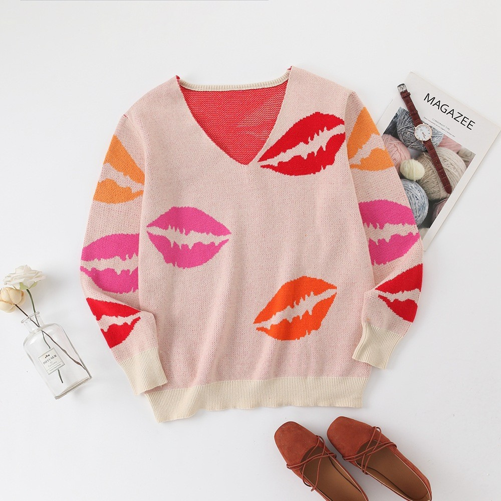 Women's Lip Jacquard V-Neck Pullover Sweater