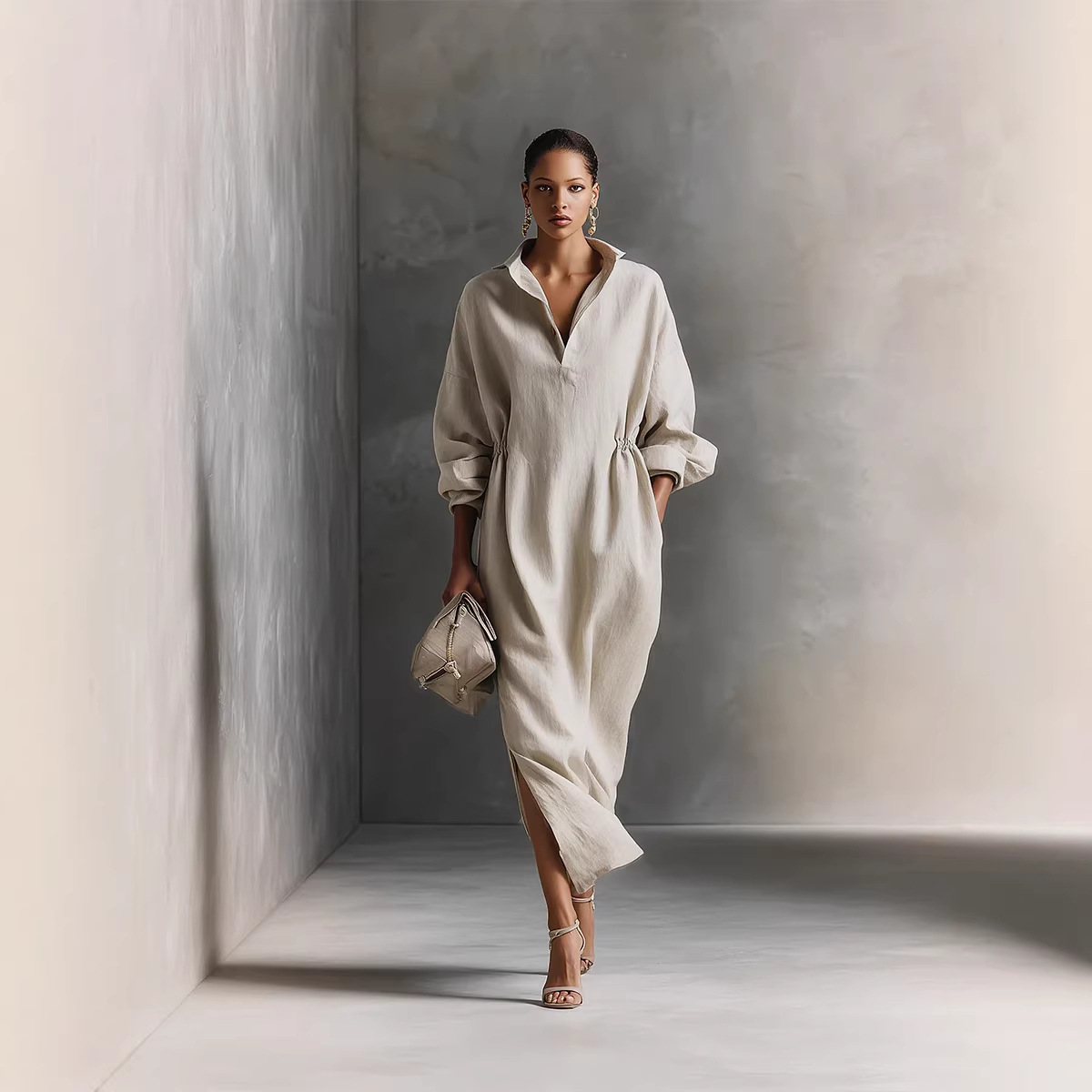 Elegant Long Sleeve V-Neck Slit A-Line Maxi Dress