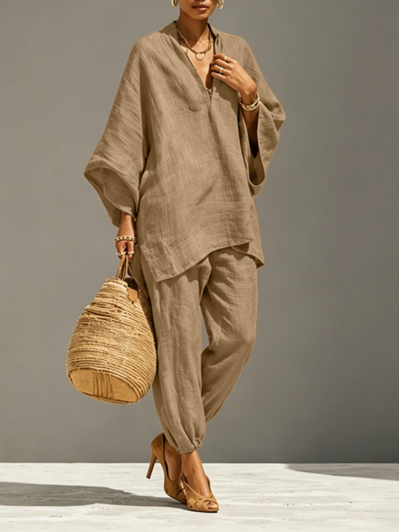 Women's Casual Batwing Sleeve V-Neck Loose Two-Piece Set