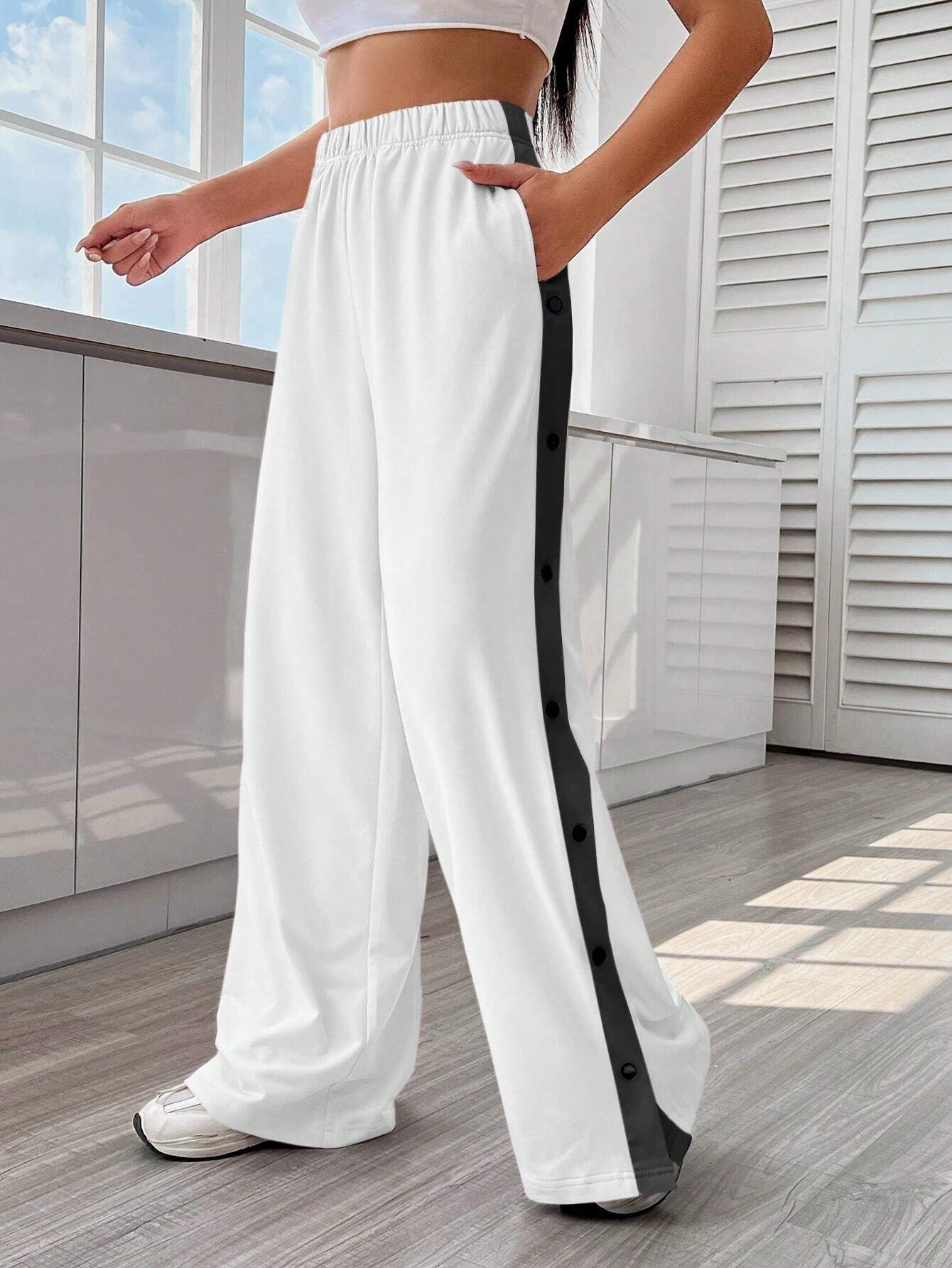 Women's Color-Block Button Wide-Leg Jogger Pants Casual Loose Fit