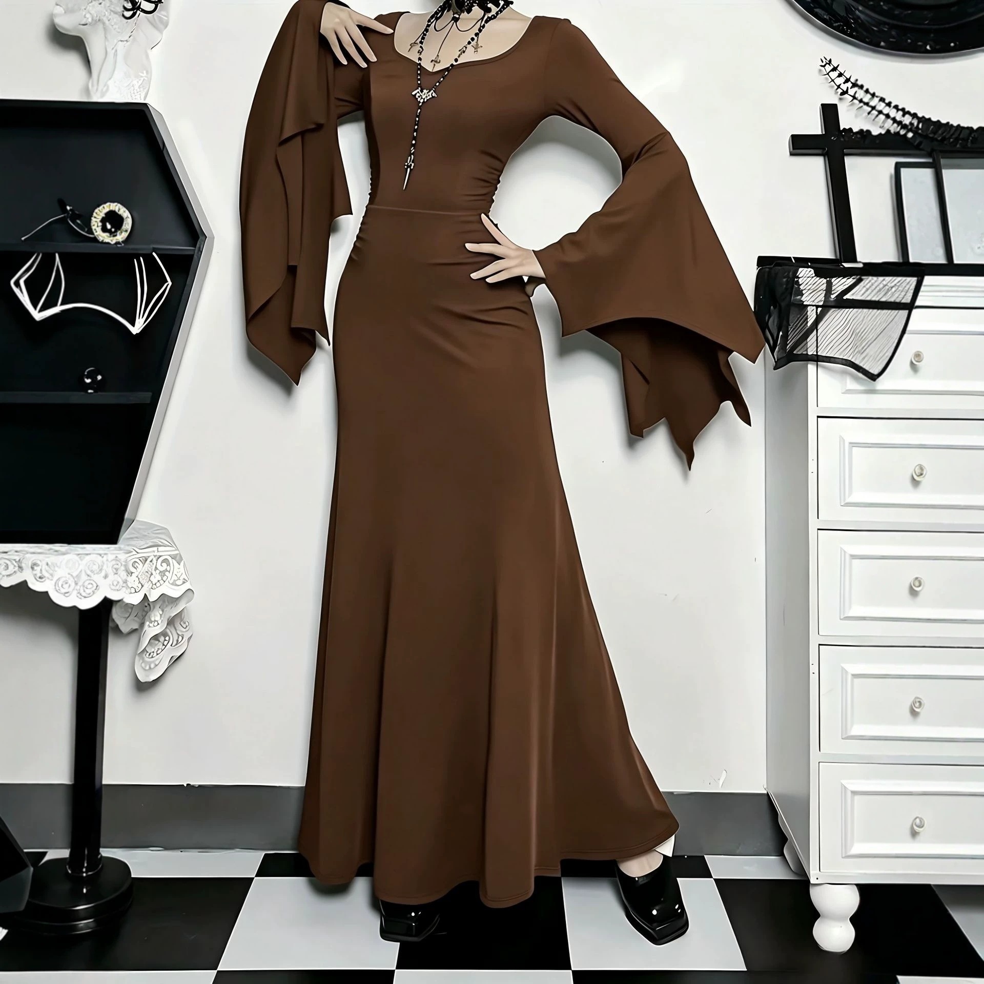 Gothic Bodycon Mermaid Dress with Batwing Sleeves