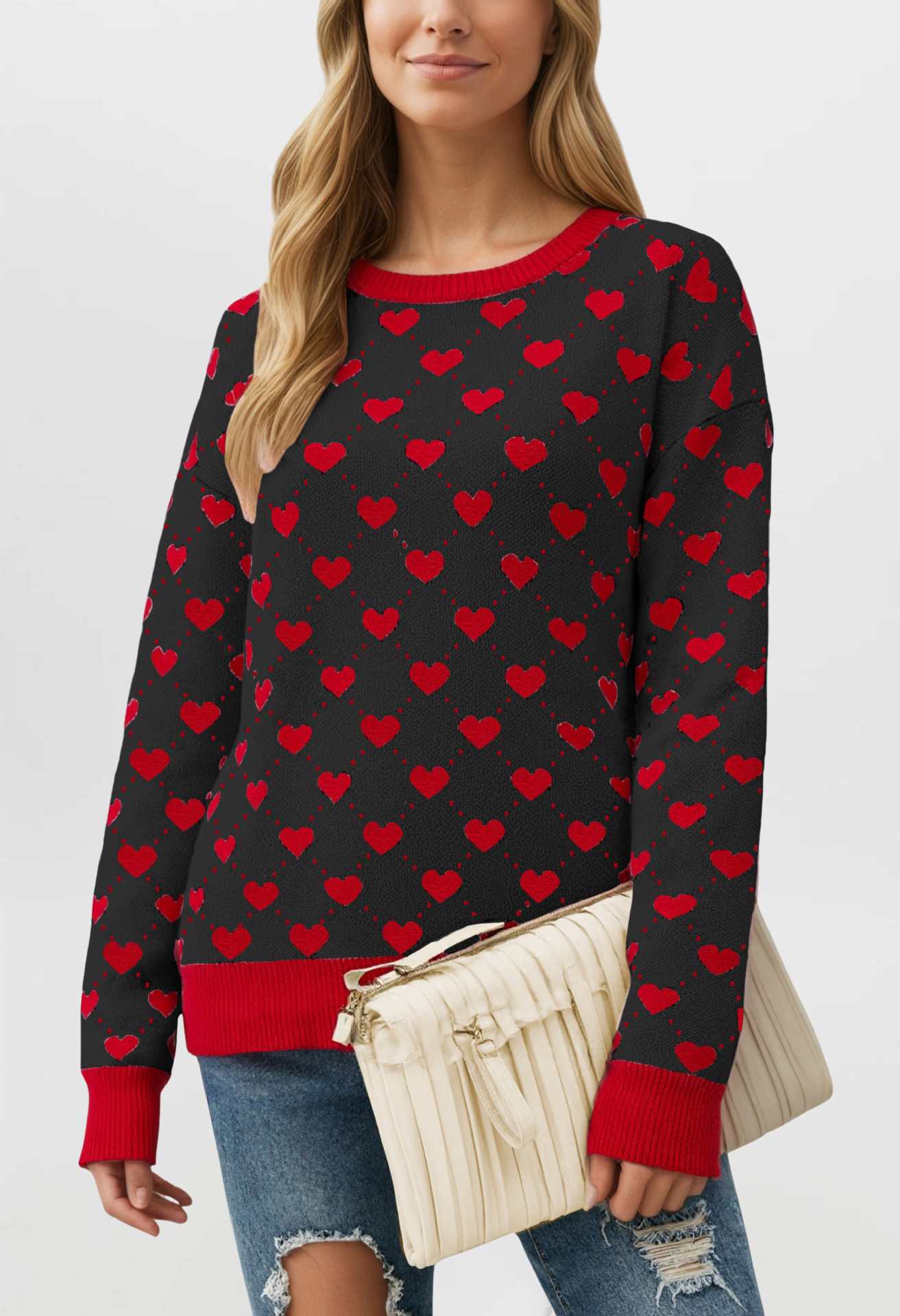 Women's Loose Oversized Heart Colorblock Crewneck Pullover Sweater
