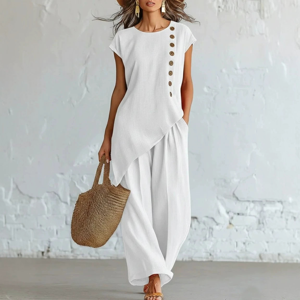 Women's Button-Down Short Sleeve Top and Wide-Leg Pants Set with Asymmetrical Hem