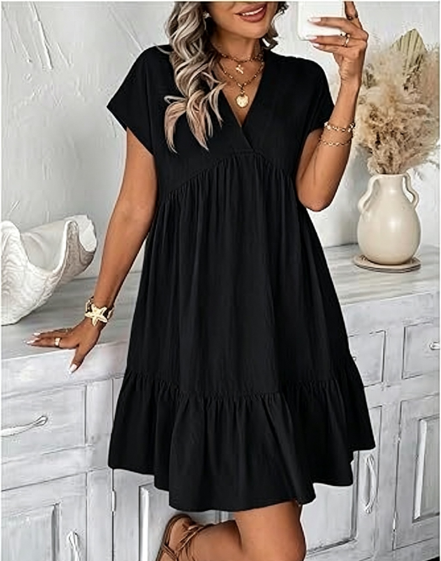 Women's Summer V-Neck Short Sleeve Ruffle Hem Babydoll Dress