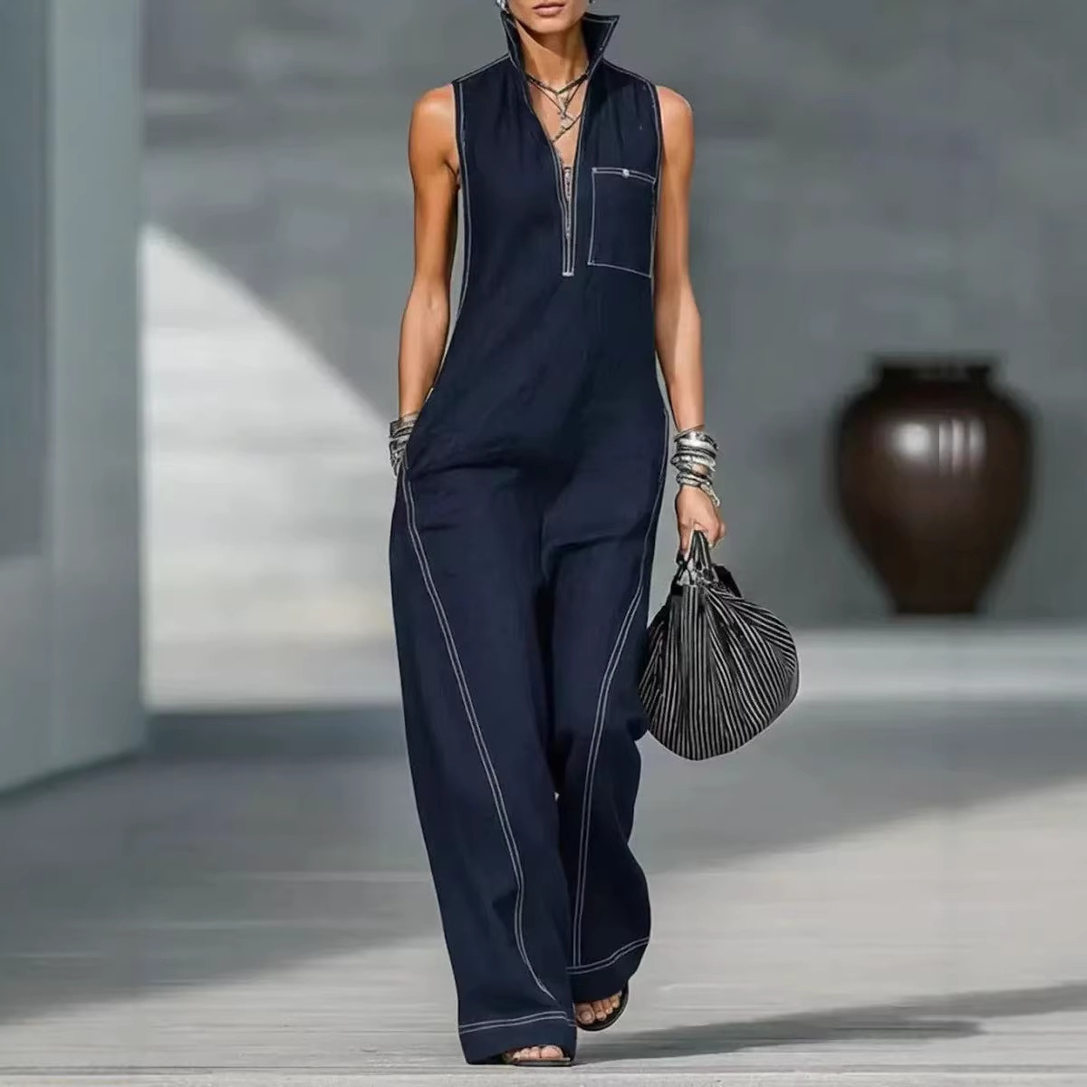 Women's Sleeveless Stand Collar Wide-Leg Jumpsuit