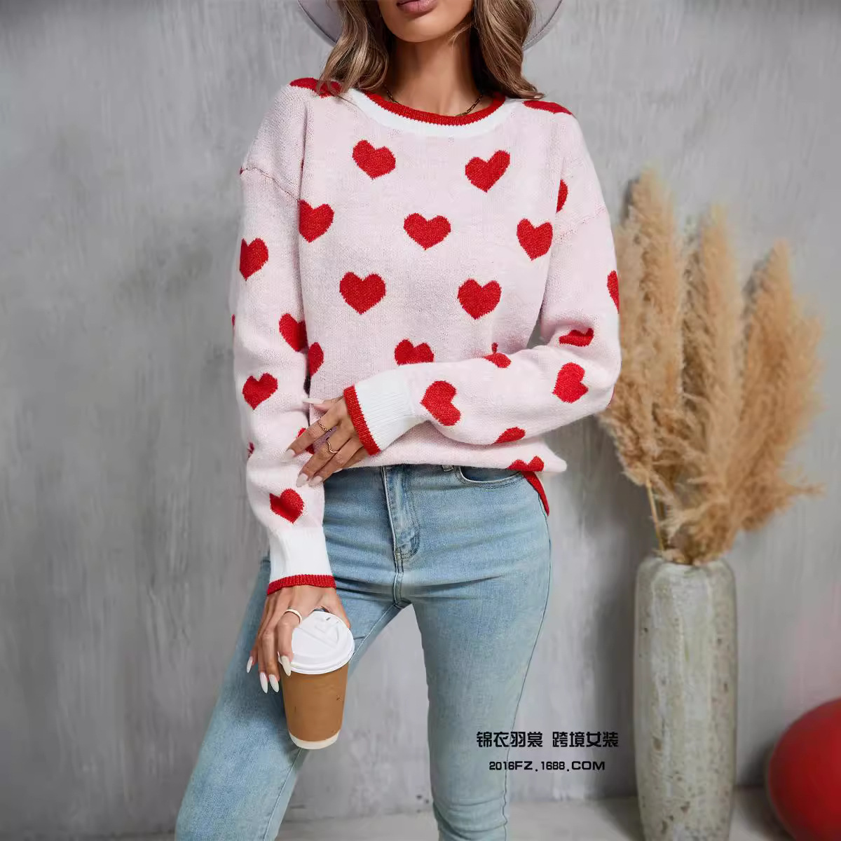 Heart Colorblock Long-Sleeve Knit Sweater