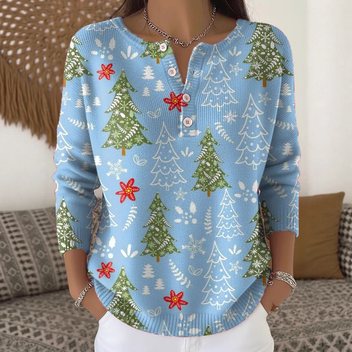 Women's Tree Flower Branch Petal Print Button Sweatshirt