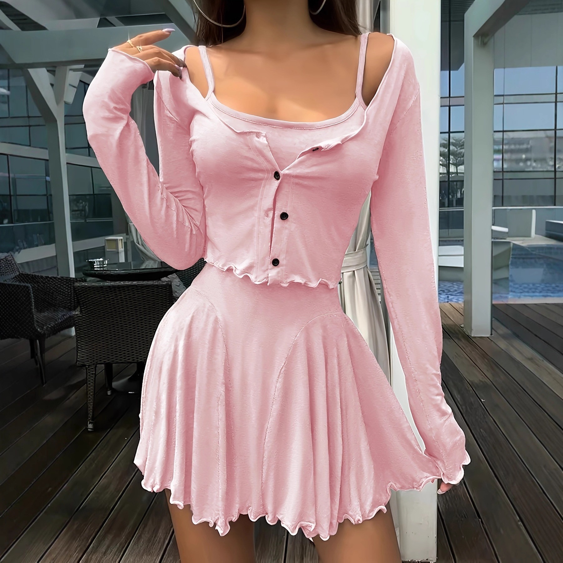 Sweet & Spicy Two-Piece Set: Open-Front Cardigan & Cami Dress