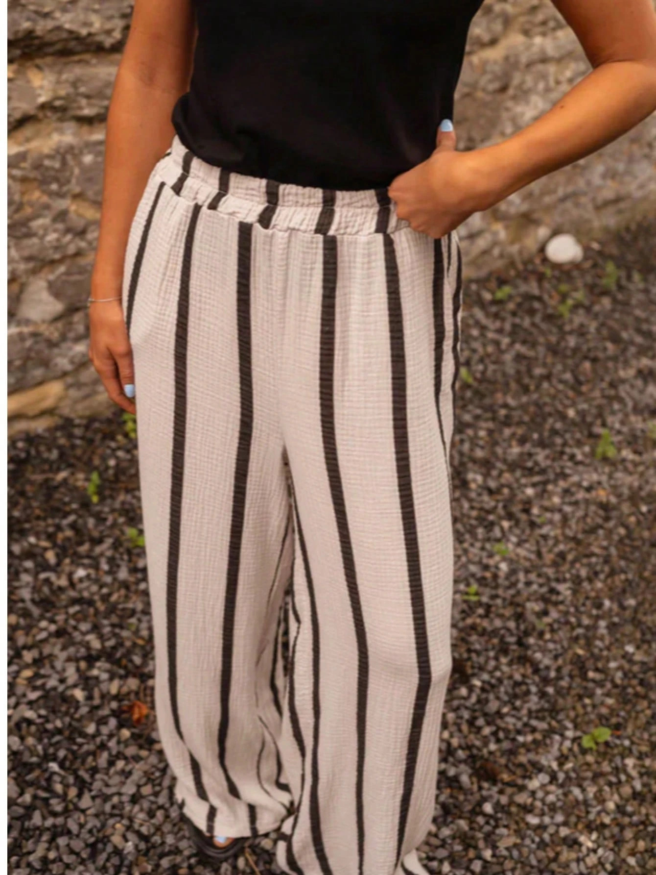 Women's Striped Print Wide-Leg Pants with Side Pockets Casual Comfortable