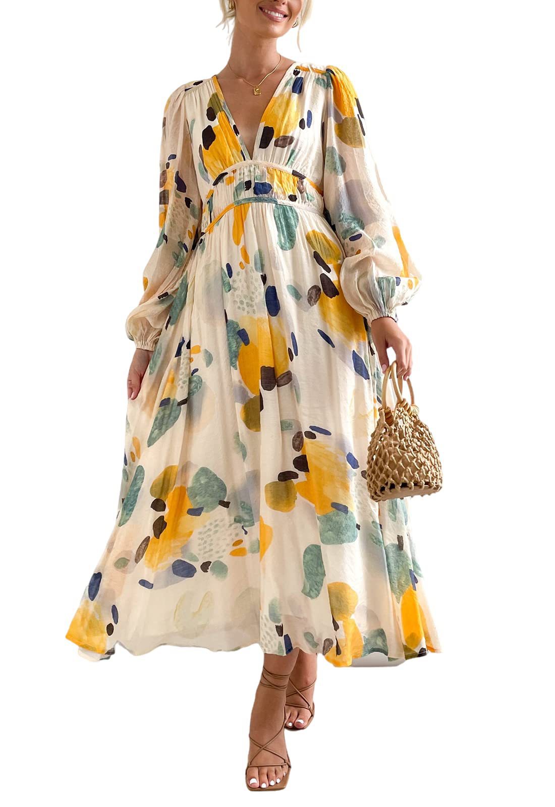 Bohemian Deep V-Neck Floral High-Waist Long-Sleeve Midi Dress