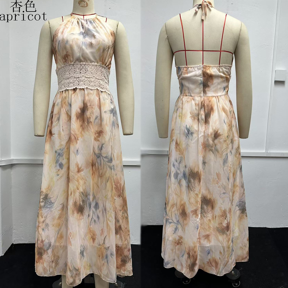 Women's Vintage Oil Painting Floral Sleeveless Midi Dress with Waist