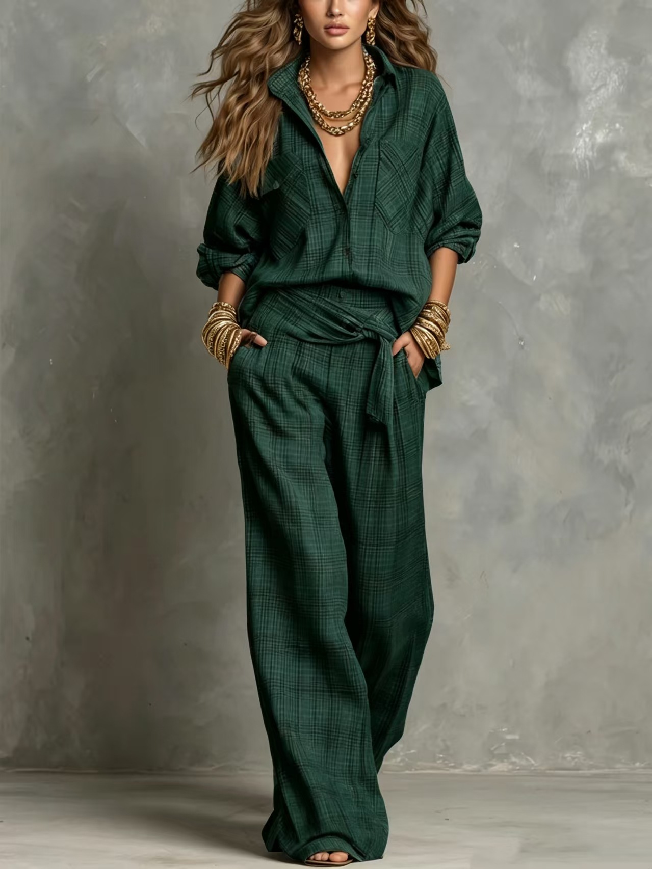Plaid Print Loose Collared Long Sleeve Shirt and Wide Leg Pants Set
