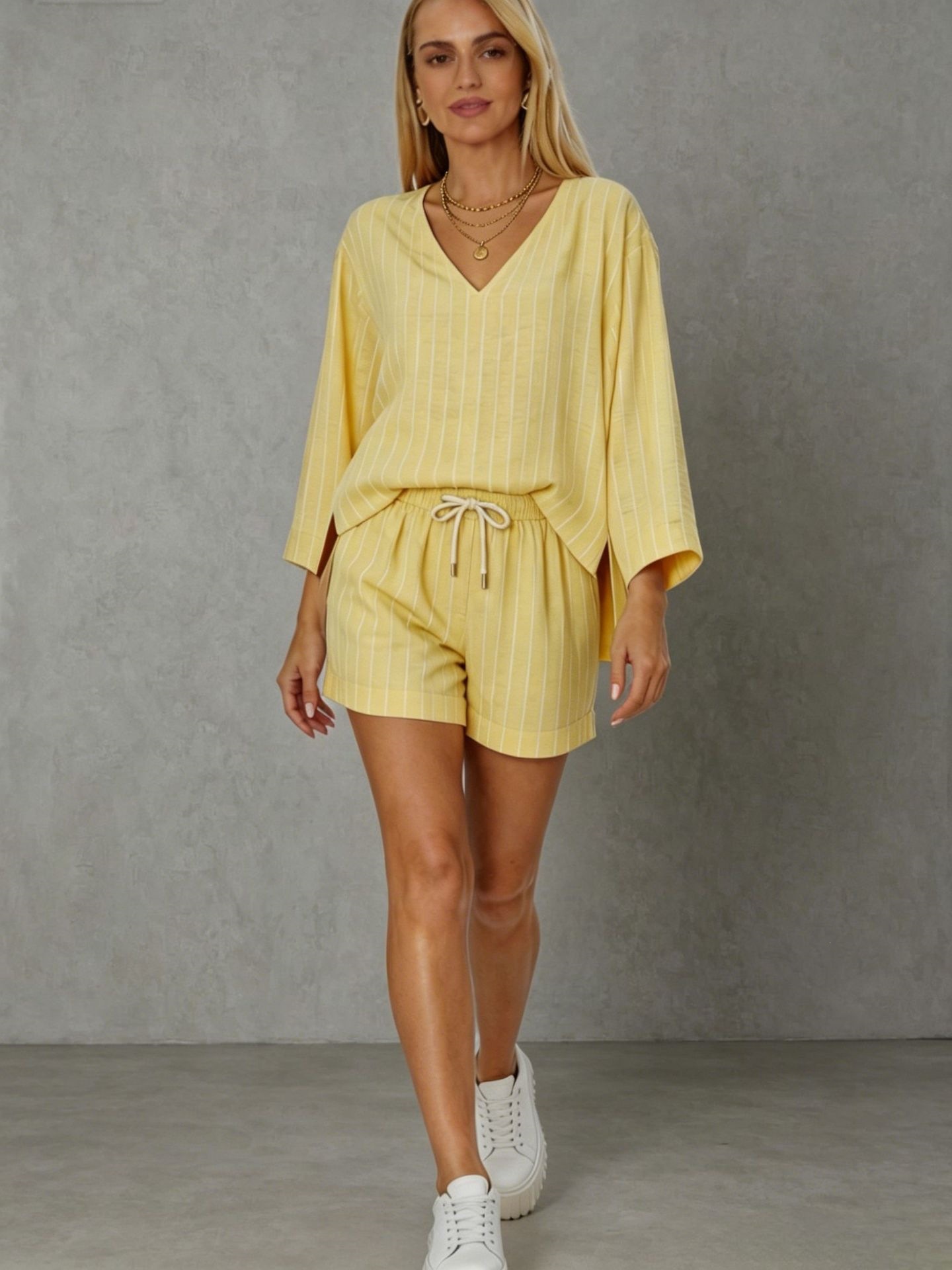 Women's Striped Two-Piece Set V-Neck Long Sleeve Top & Shorts