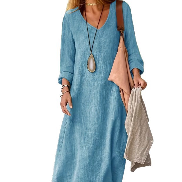 Women's Solid V-Neck Loose Long Dress with Flared Hem