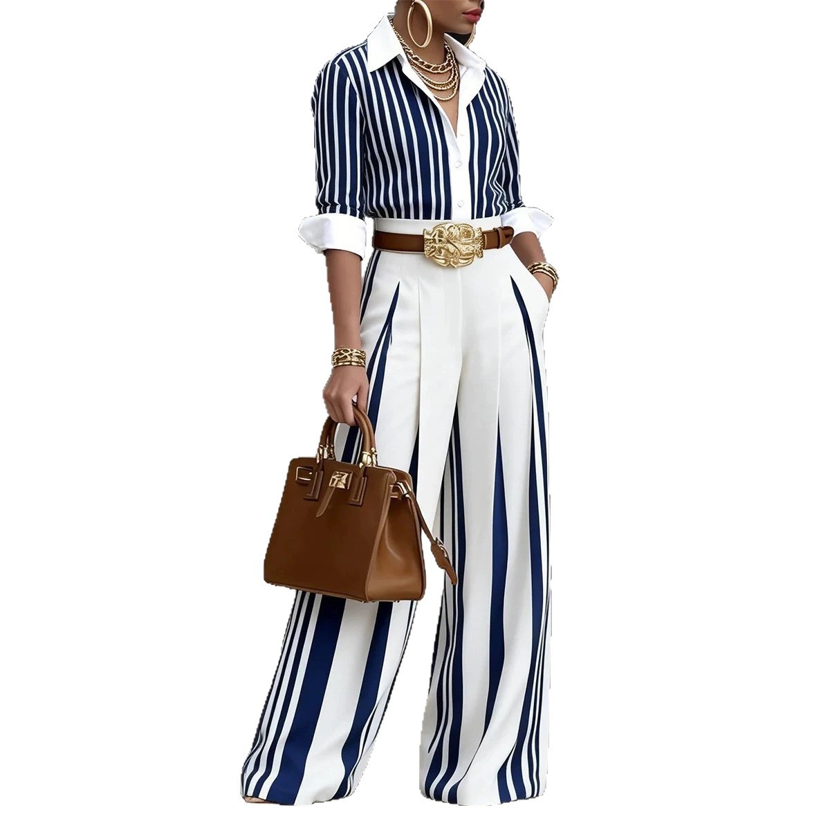 Women's Striped Shirt and Pants Two-Piece Set with Belt