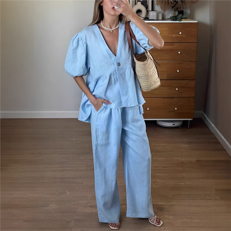 Women's Plus Size V-Neck Puff Sleeve Long Pants Set