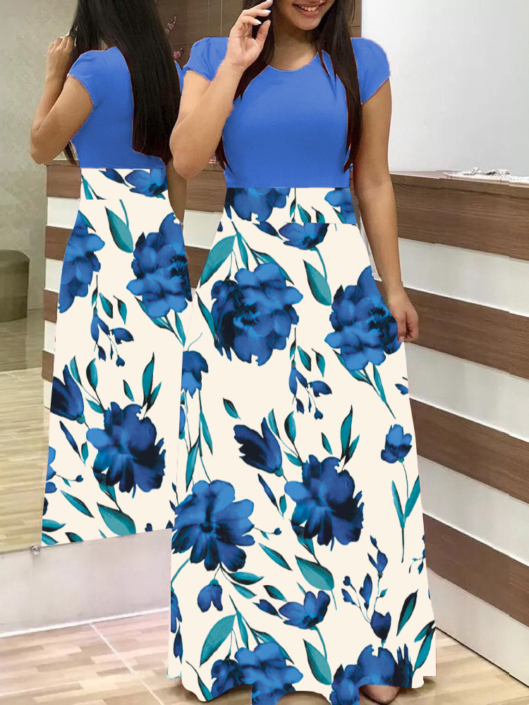 Floral Print Colorblock Long & Short Sleeve Dress