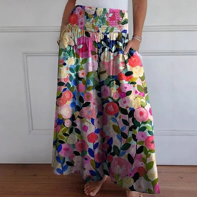 Women's Smocked Wide-Leg Pants with Elastic Waist