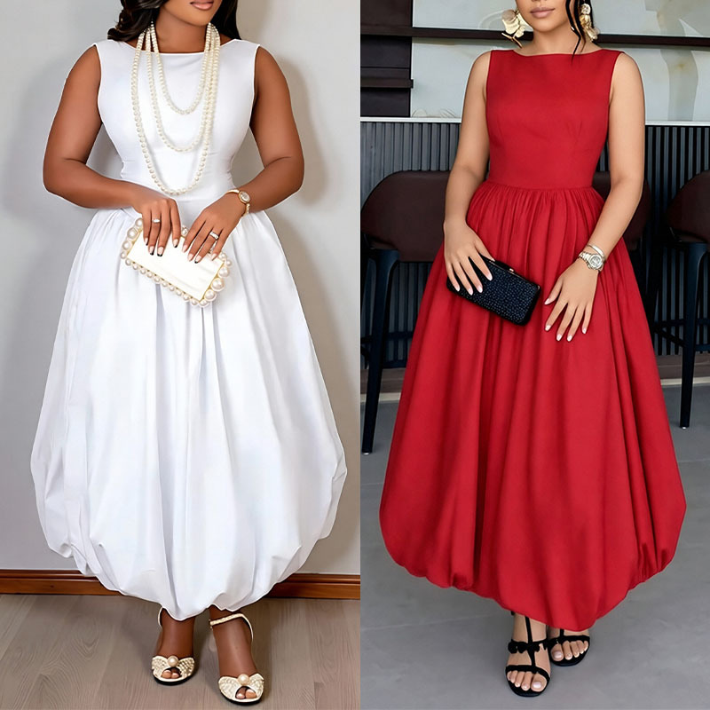 Women's Solid Color Sleeveless High Waist Midi Dress