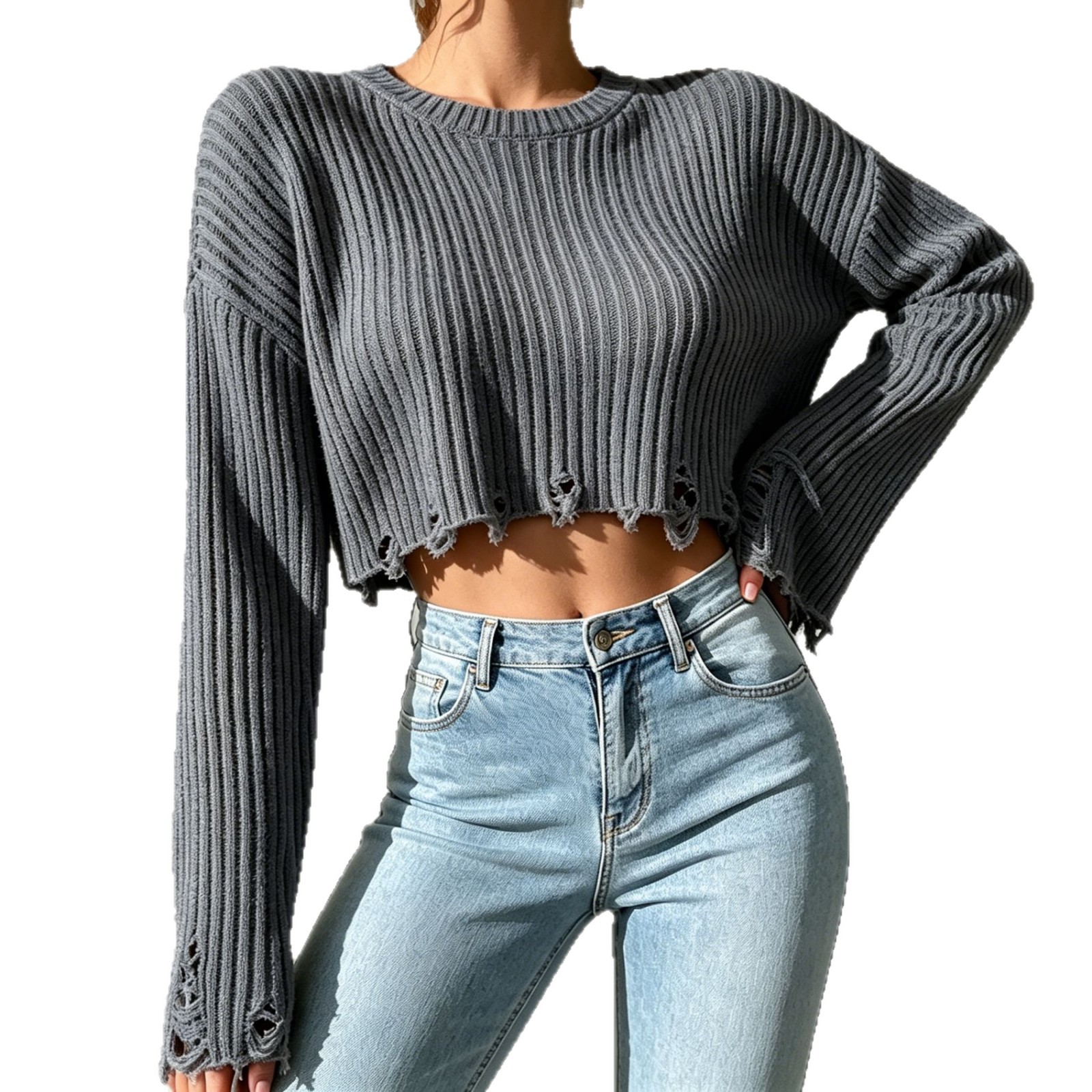 Women's Distressed Long-Sleeve Knit Top Slim Cropped Pullover