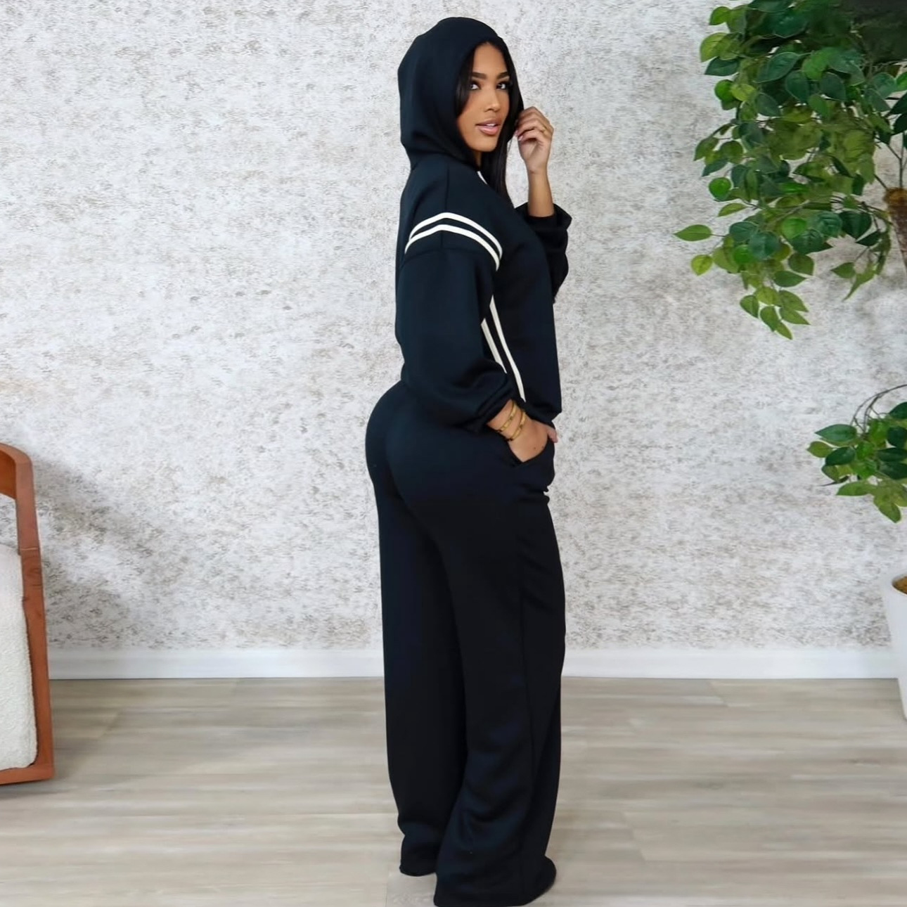 Women's Striped Hooded Sweatsuit Two-Piece Set
