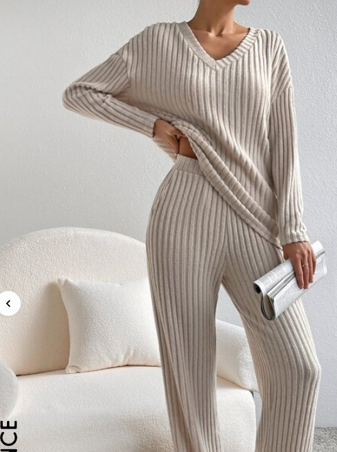 Women's Ribbed V-Neck Top and Straight-Leg Pants Two-Piece Set