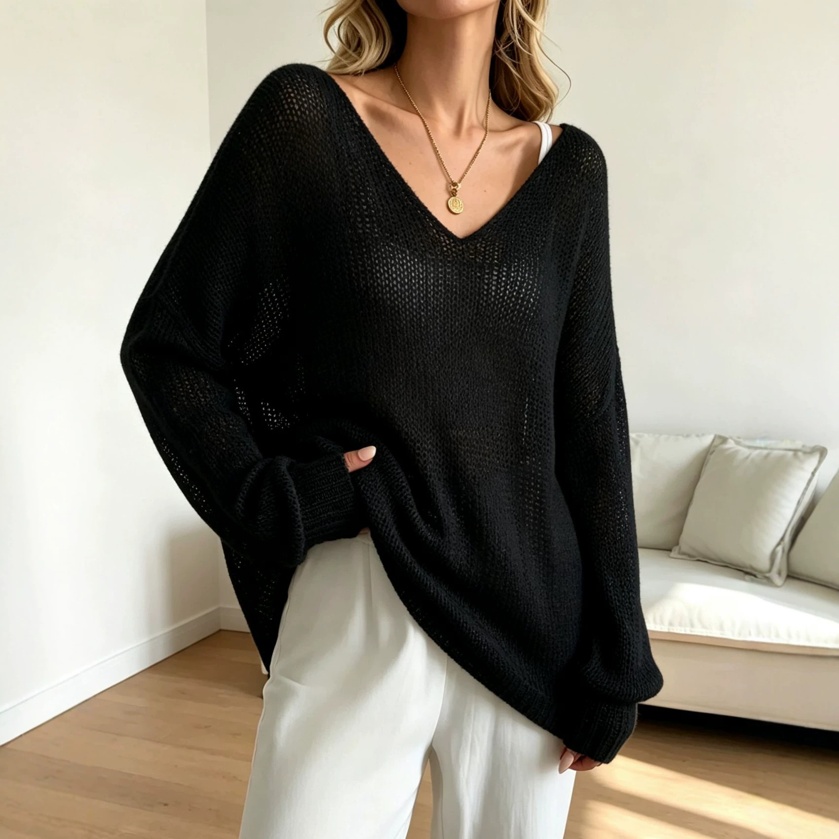 Women's Open Knit V-Neck Bell Sleeve Top
