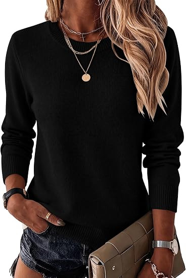 Women's Crewneck Knit Sweater Solid Color Pullover Long Sleeve
