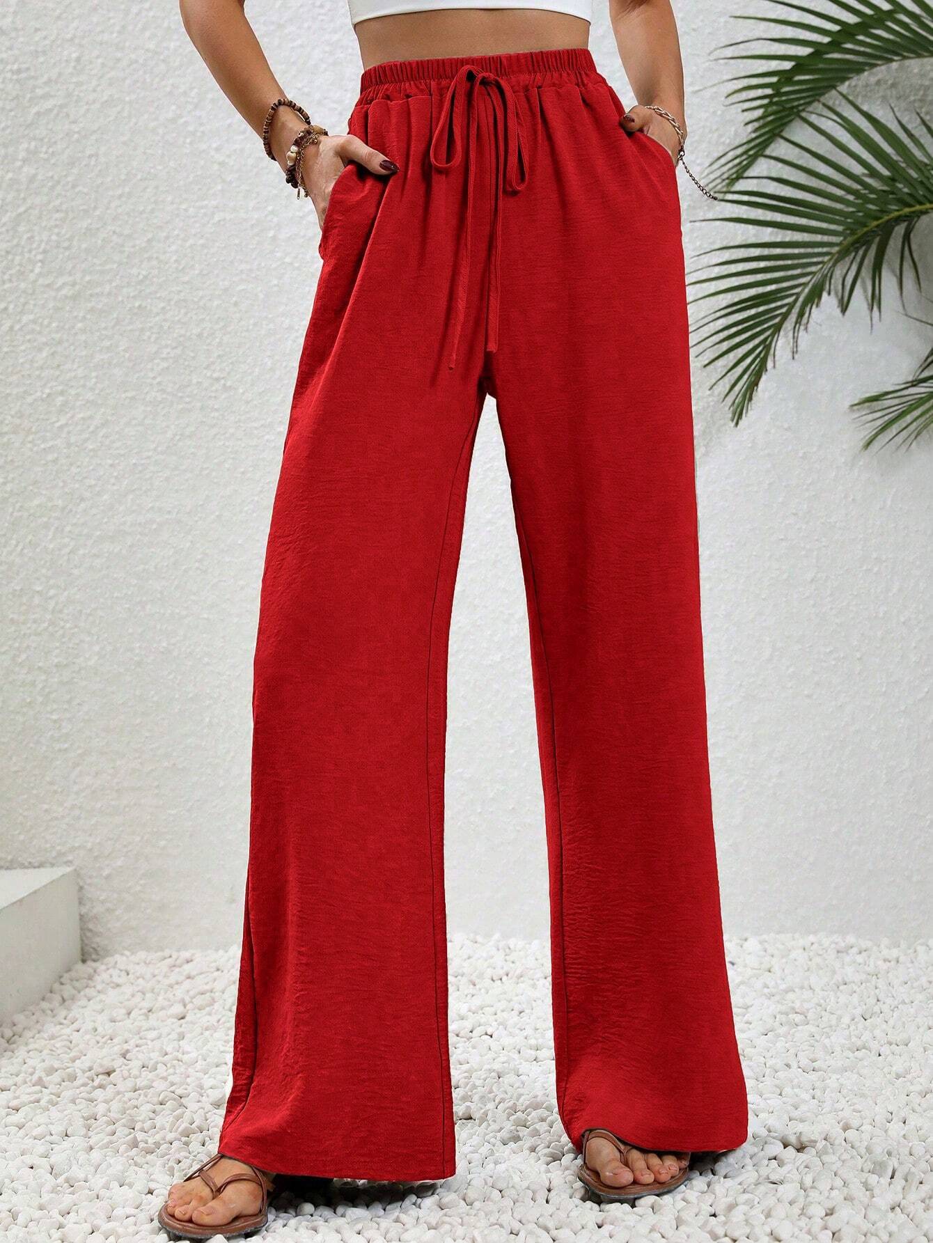 Women's Loose Wide-Leg Solid Color Floor-Length Casual Pants