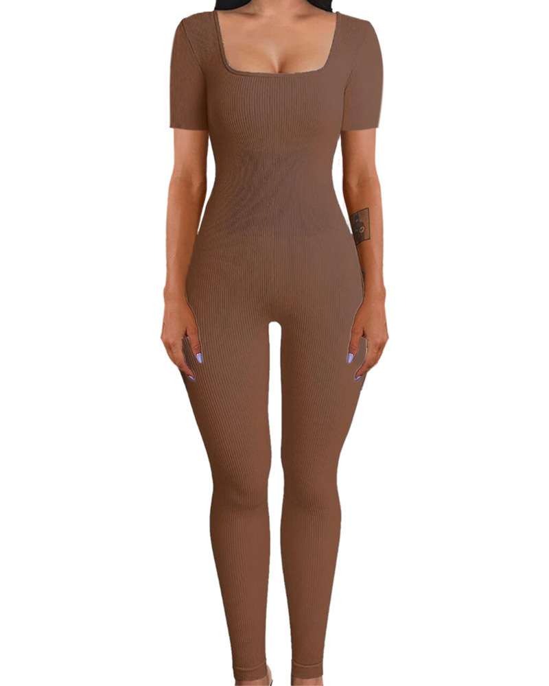 Ribbed Square Neck Butt-Lifting Slim Fit Yoga Jumpsuit for Women