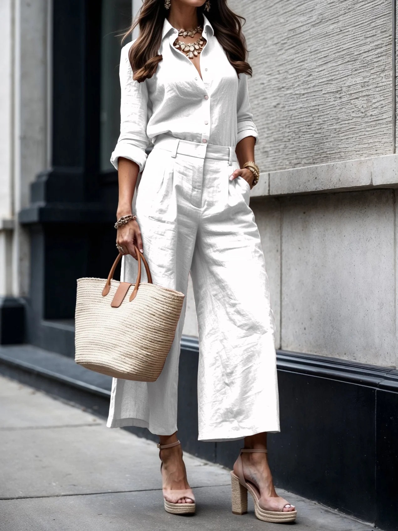 Women's Long Sleeve Solid Button Cardigan Shirt and Pants Two-Piece Set