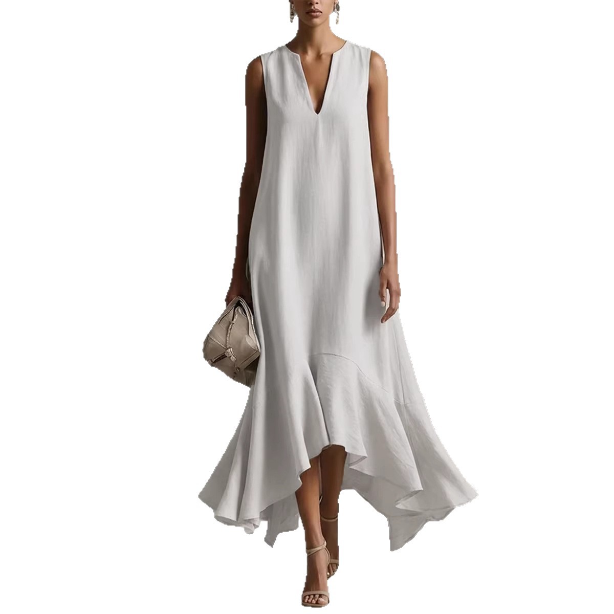 Deep V-Neck Sleeveless Asymmetrical Hem Dress