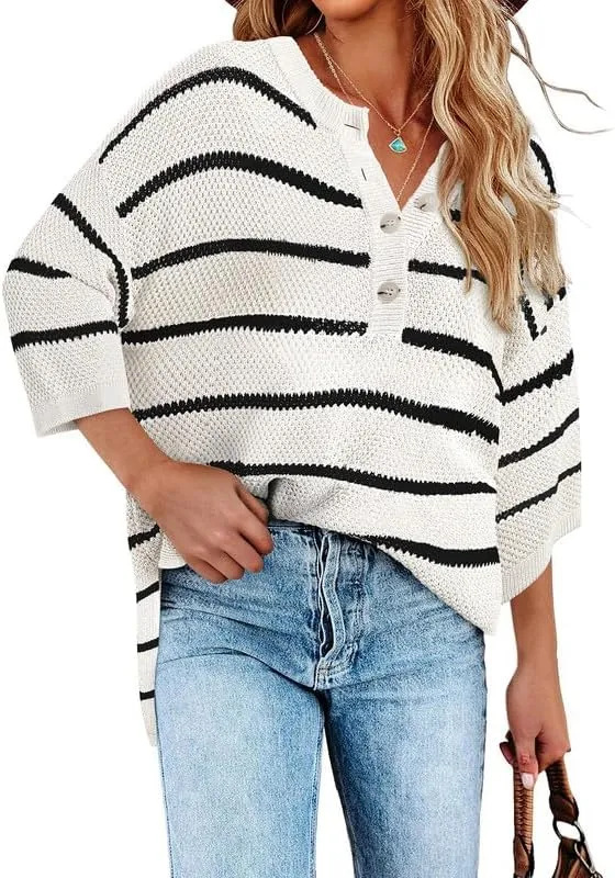 Striped Button-Front Loose Mid-Sleeve Knit Top